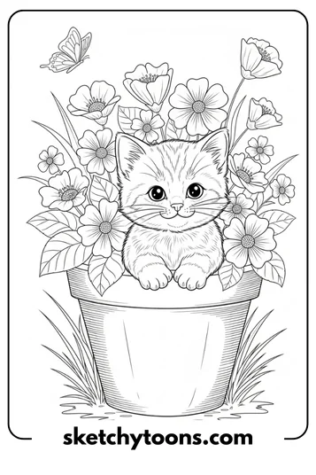 Kitten Coloring Pages 4 Kitten in a Flower Pot