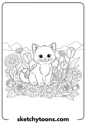 Kitten Coloring Pages 18 Kitten with Flowers