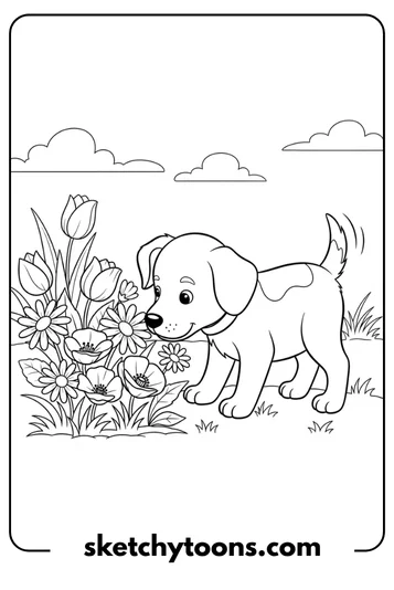 Puppy Sniffing Flowers