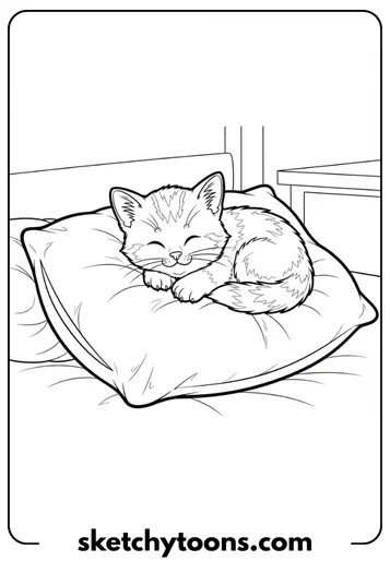 Kitten Coloring Pages 3 Sleepy Kitten on a Pillow