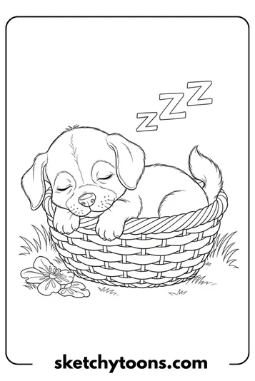 Sleepy Puppy in a Basket
